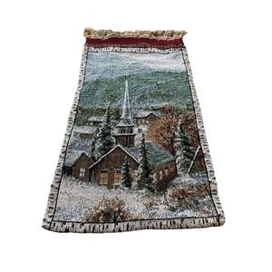 *Tapestry Pillow Case Church Horse Sleigh Snow Bells Trees Fringe Town Jacquard